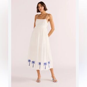 MinkPink White tropical palm tree embroidered midi dress
